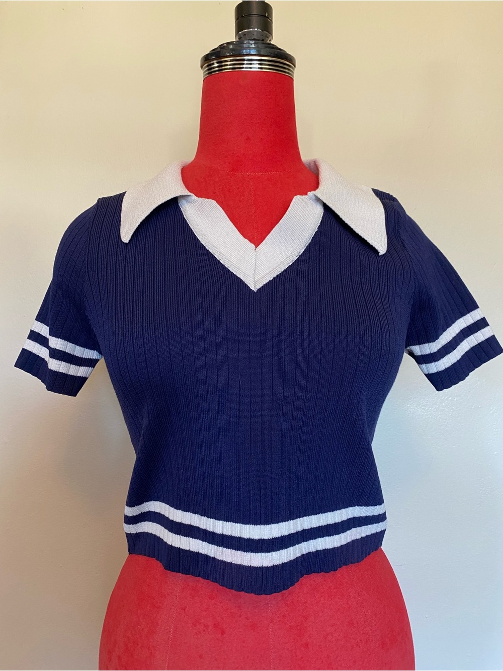 Navy Ribbed Short-Sleeve Polo Top with White Trim